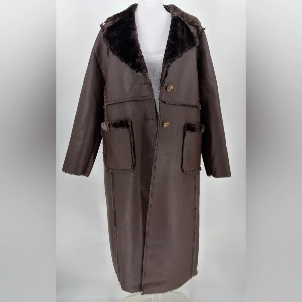 Jason Wi Shearling long Coat Cafe Noir Brown Teddy Lined Button Front Size M NWT - Picture 5 of 8